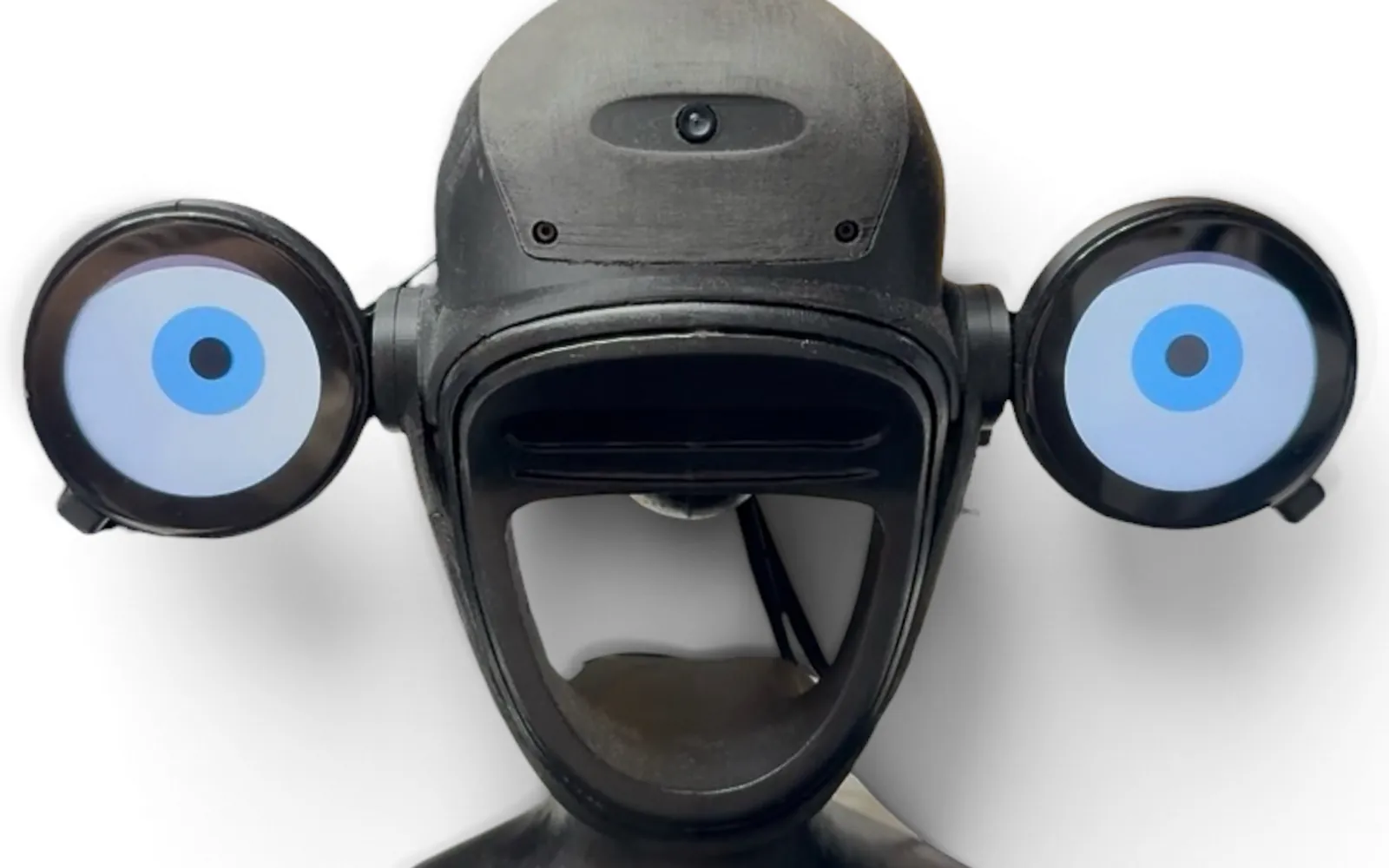 The real helmet with both eye displays on the bust
