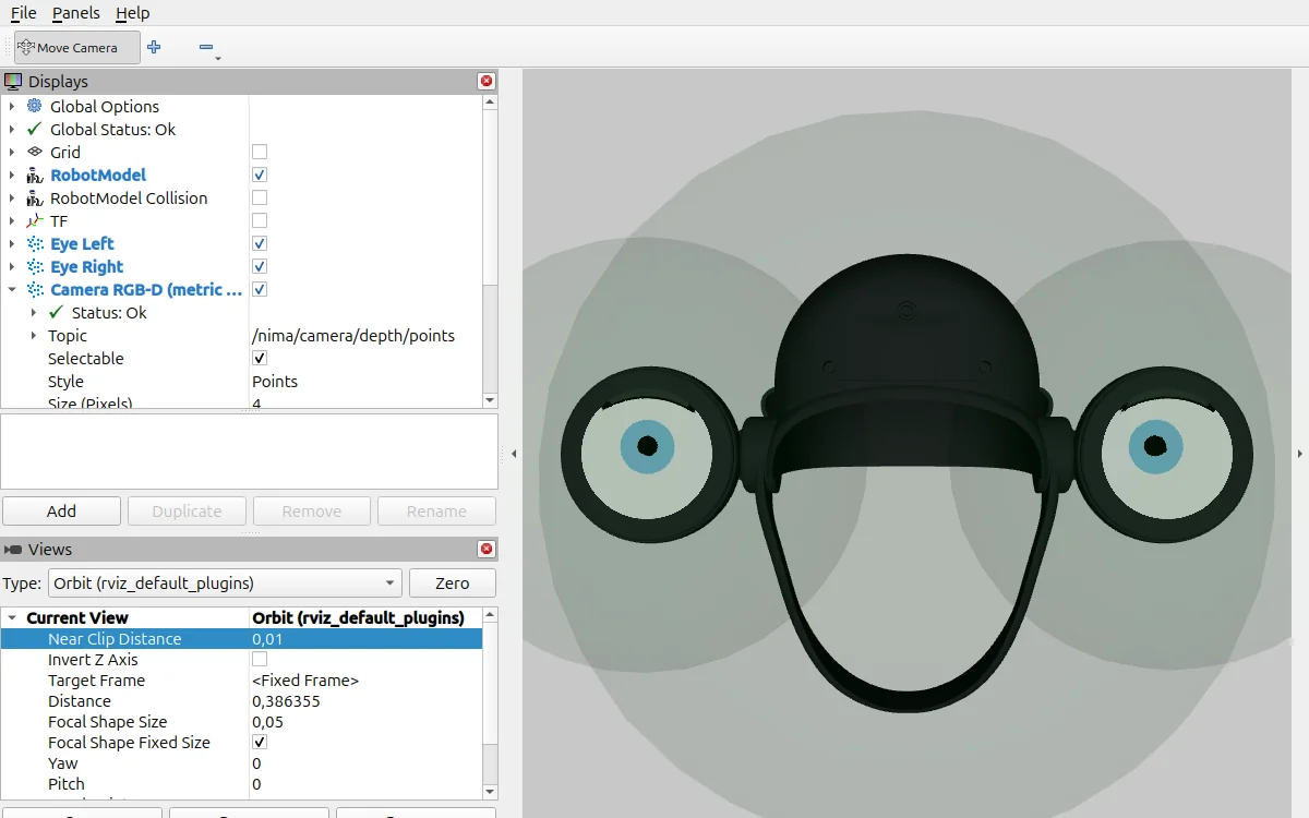 The helmet and both eyes in RViz, with the ROS 2 displays panel
